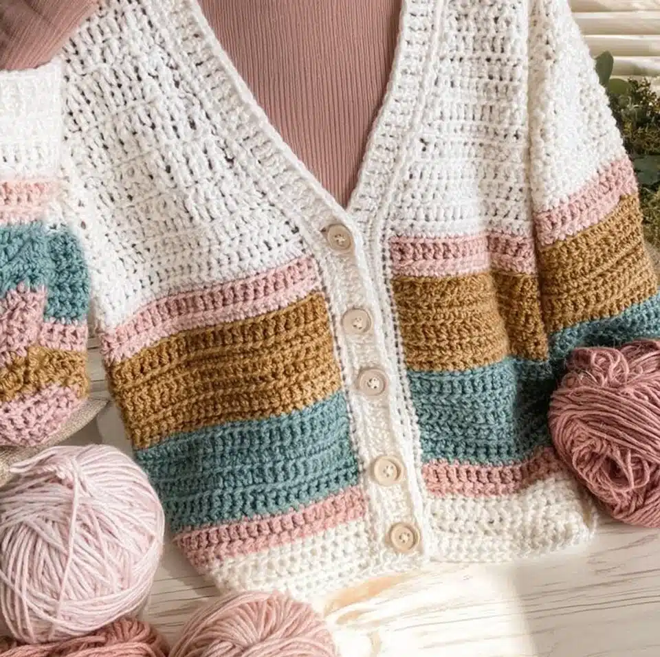 Crochet cardigan pattern with colorful yarn and crochet hook.