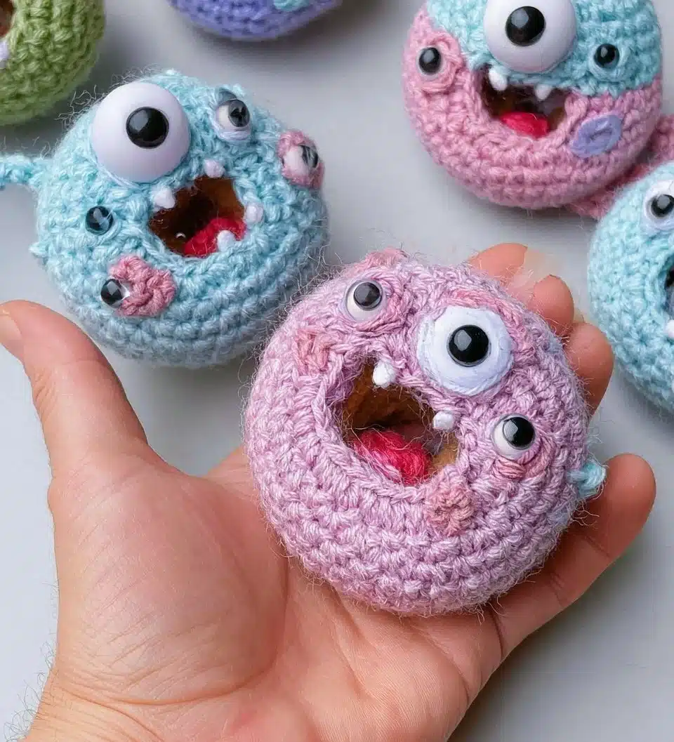 Colorful donut amigurumi plush toys in various flavors and designs.