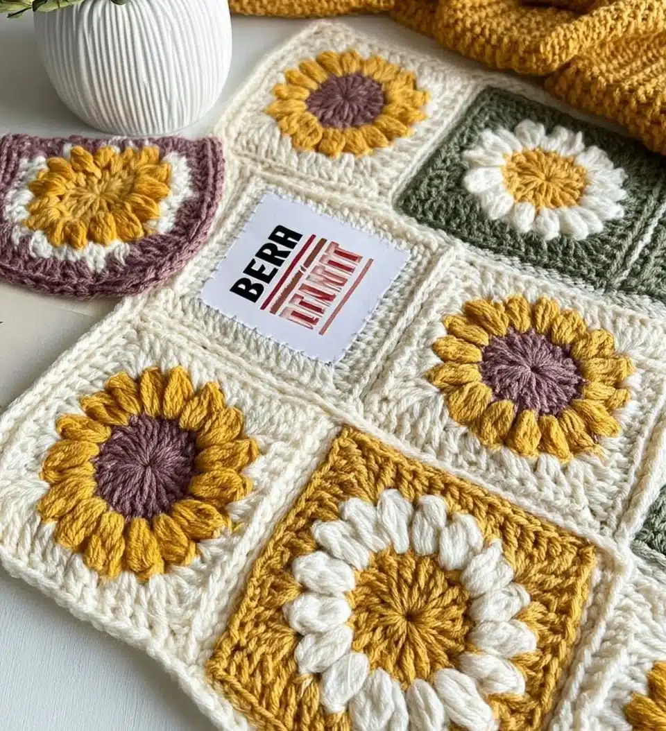 Handcrafted Granny Square Sunflower Blanket in vibrant colors