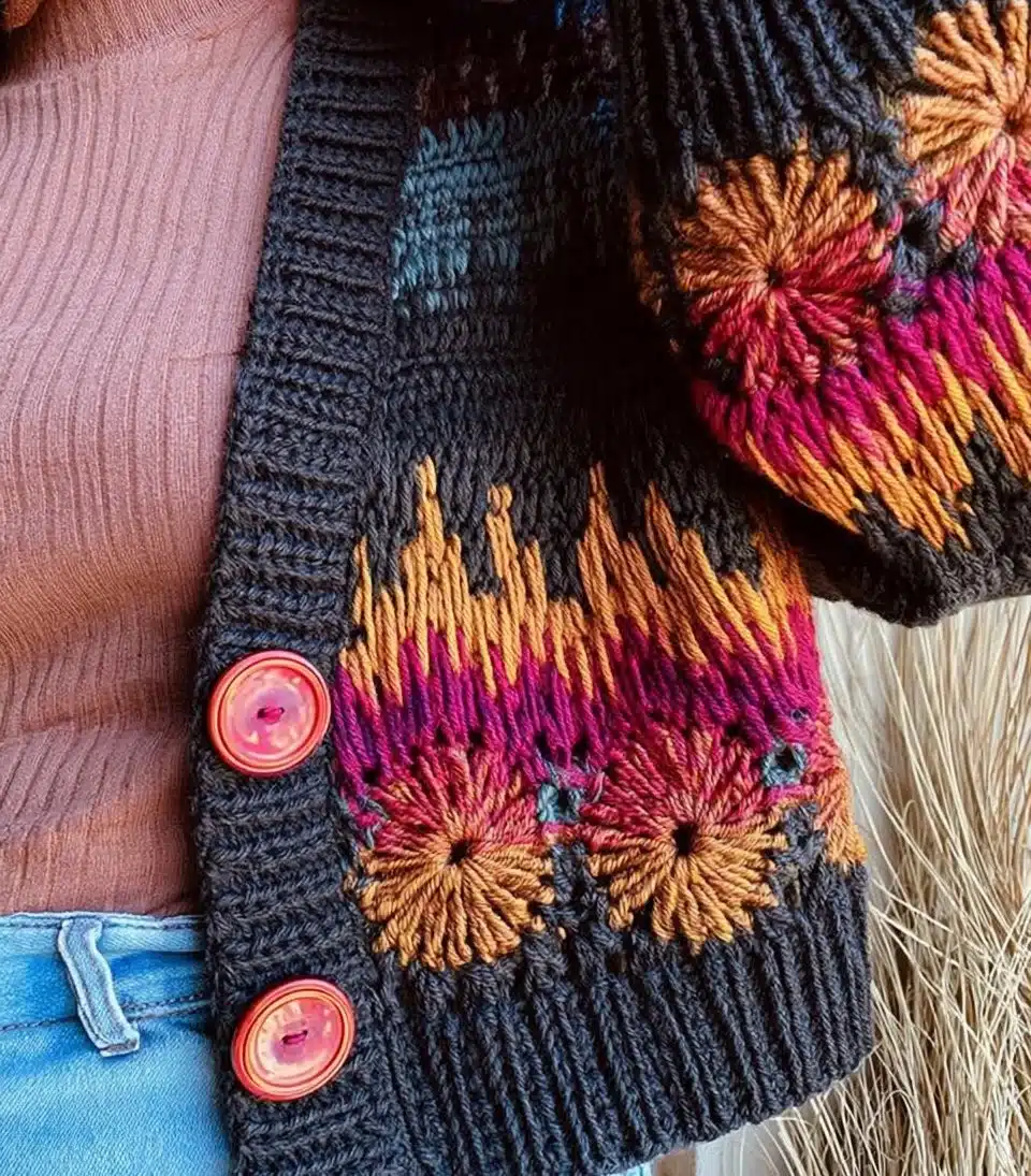 Mosaic crochet cardigan showcasing intricate patterns and vibrant colors