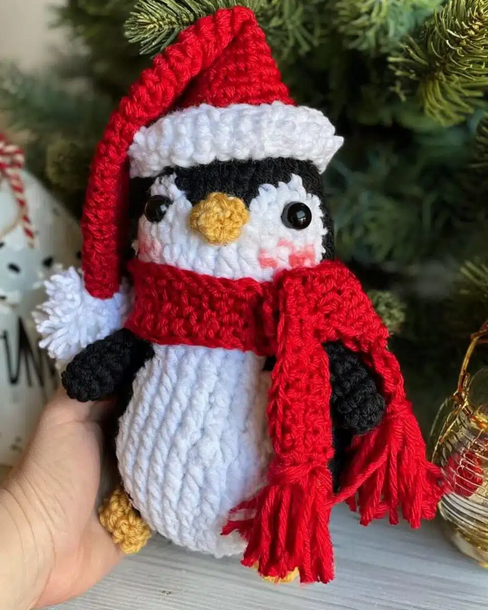 Cheerful Santa Penguin in a festive holiday setting with gifts and decorations.