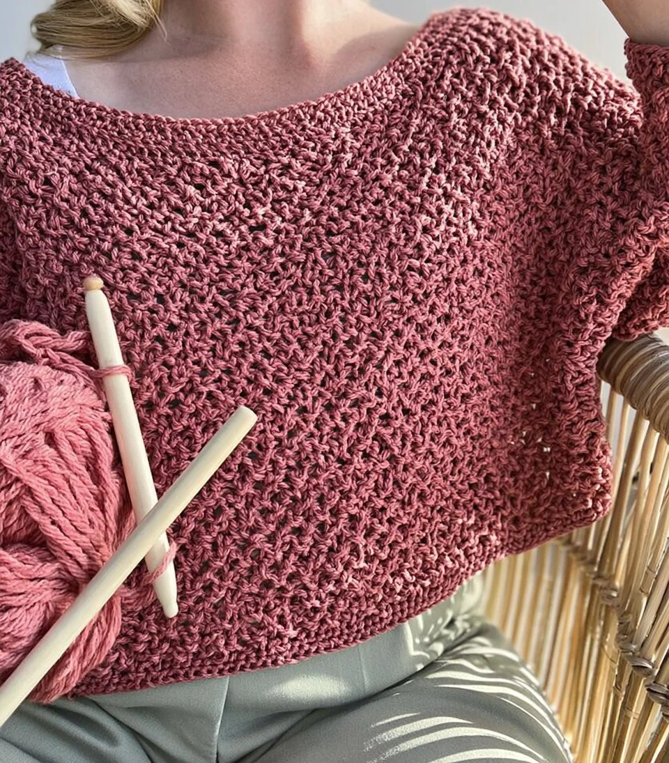 V-Stitch Crochet Crewneck Top in stylish design and cozy fit.